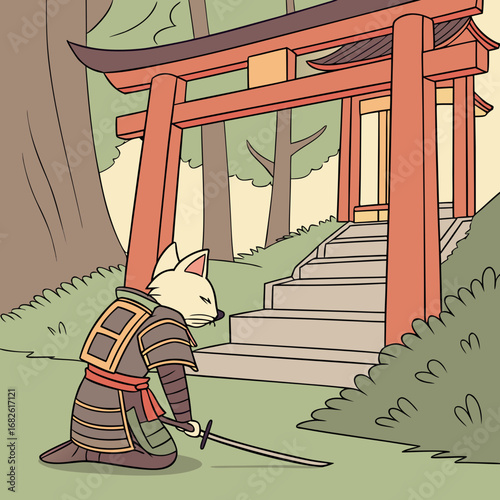 Vector illustration of a noble cat samurai warrior kneeling in reverence before a sacred Shinto shrine and torii gate in a forest