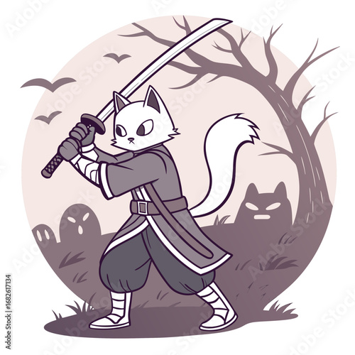 A brave samurai cat warrior holding a katana sword in a fighting pose. This vector illustration features a feline fighter in a spooky graveyard setting