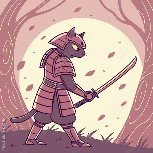 Vector illustration of a formidable cat samurai warrior wearing traditional armor and wielding a sharp katana sword in a serene forest