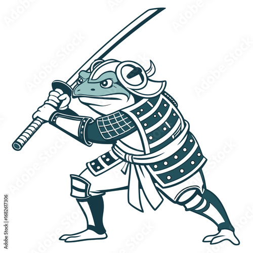 Vector illustration of a formidable frog warrior dressed as a samurai in armor holding a katana sword