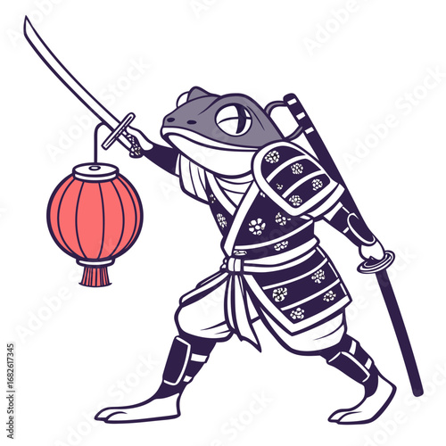 Fantasy Japanese warrior frog in traditional samurai armor with two swords, holding a glowing red paper lantern. Vector graphic illustration