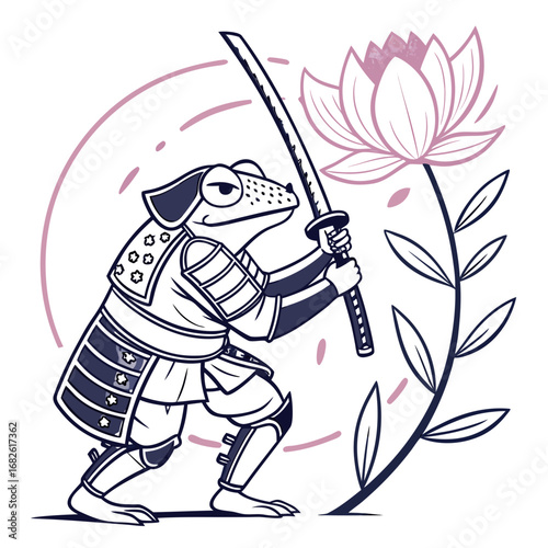 Illustration of a determined frog samurai warrior in full armor, wielding a katana sword next to a blooming lotus flower, ready for an epic battle
