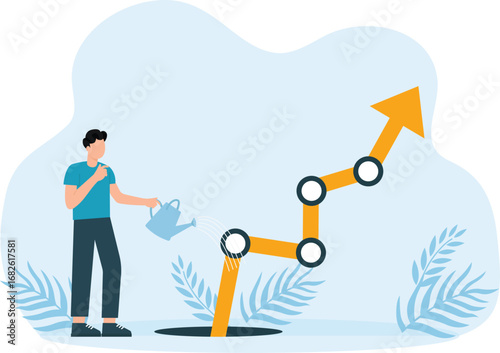 Businessman watering red arrow plant for business success concept,
