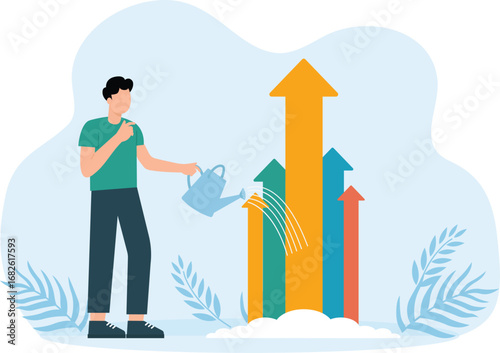 Hand businessman watering arrow for business success concept,

