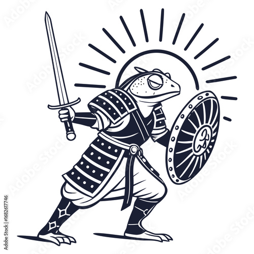 Heroic frog warrior in samurai armor holding a sword and shield. Black and white vector illustration of an anthropomorphic amphibian fighter