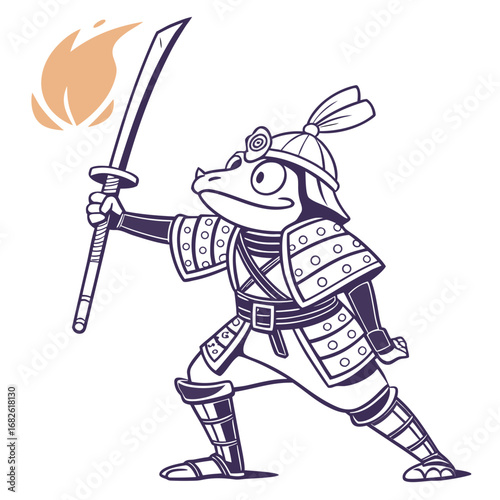 Fierce samurai frog warrior in a dramatic battle pose with a sword, a vector character mascot illustration