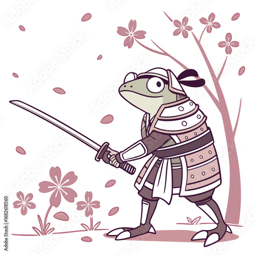 Brave cartoon frog samurai warrior in a fighting stance with a katana sword under a sakura cherry blossom tree, a whimsical vector illustration
