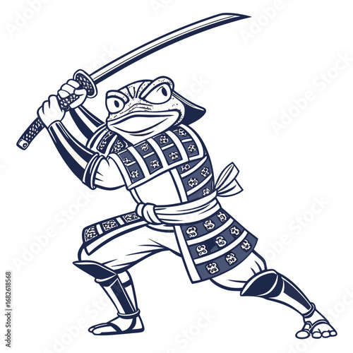 An anthropomorphic frog warrior in traditional Japanese samurai armor, wielding a katana sword in a fierce battle stance, presented as a vector illustration