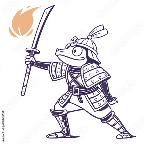 A fierce frog samurai warrior with a katana sword and battle-worn armor, isolated vector graphic illustration