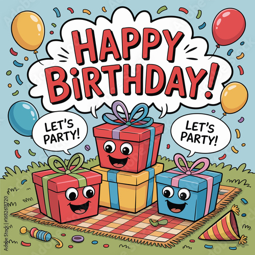 Happy birthday picnic with gifts and balloons on grass celebration present