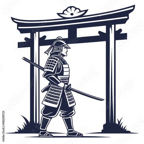 Stoic Samurai Guardian Vector Art of Warrior with Katana and Torii Gate