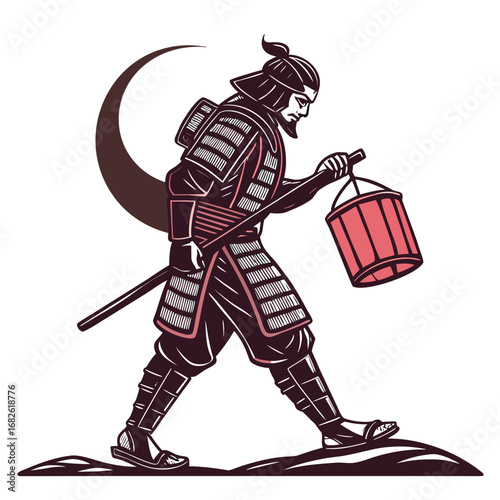 A stoic samurai warrior embarks on a nighttime journey, carrying a traditional Japanese lantern under the faint glow of a crescent moon, depicting ancient Japanese culture and an unwavering spirit
