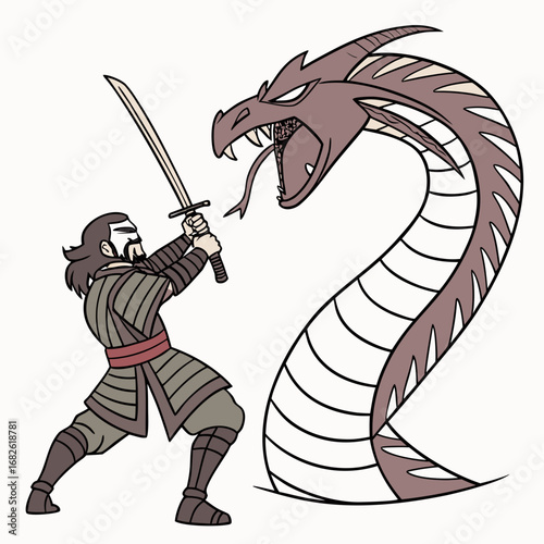 Samurai warrior battles a mythical serpent in this stylized illustration