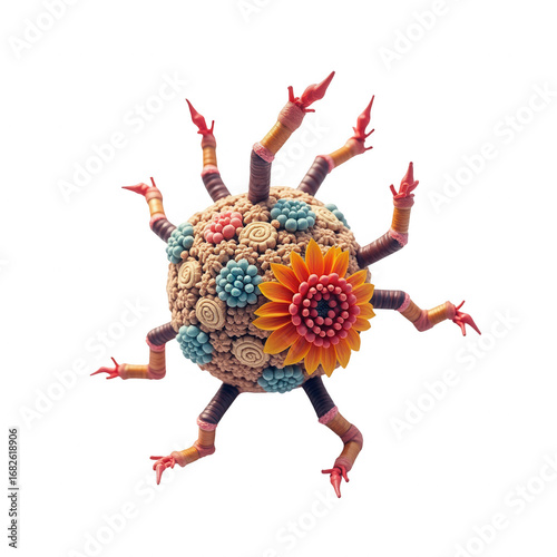 A detailed, stylized depiction of a virus, showcasing vibrant colors and intricate floral designs.
