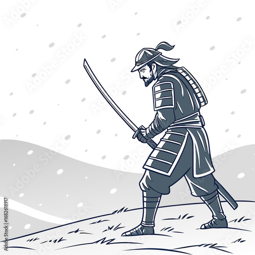 Vector illustration of a samurai warrior wielding a katana on a snowy field
