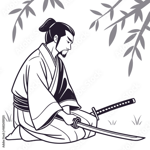 Vector illustration of a legendary Japanese samurai warrior figure kneeling with his katana sword in a traditional kimono