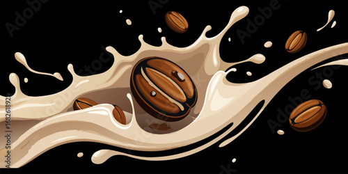 A dramatic close-up of roasted coffee beans swirling in mid-air with splashes of fresh milk, forming a dynamic vortex. The background is deep black, emphasizing the contrast between the dark coffee be