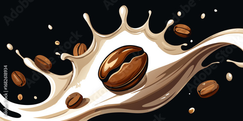 A dramatic close-up of roasted coffee beans swirling in mid-air with splashes of fresh milk, forming a dynamic vortex. The background is deep black, emphasizing the contrast between the dark coffee be