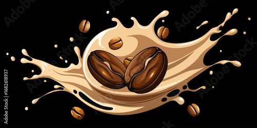 A dramatic close-up of roasted coffee beans swirling in mid-air with splashes of fresh milk, forming a dynamic vortex. The background is deep black, emphasizing the contrast between the dark coffee be