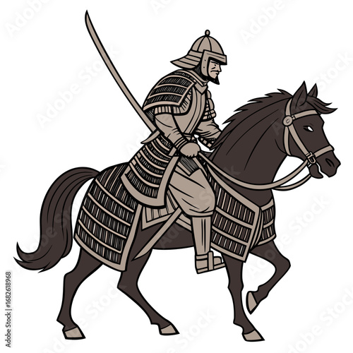 Japanese samurai man riding an armored horse with a sword. Vector illustration of a historical warrior from feudal Japan