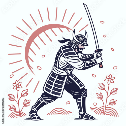 Samurai Warrior with Rising Sun Aura A Mystical Vector Illustration of Strength and Tradition