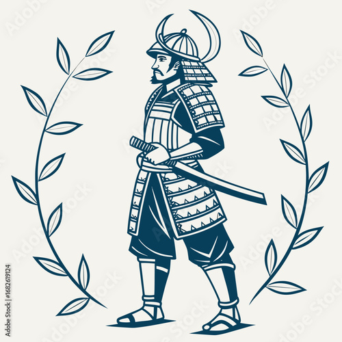 Vector illustration of a legendary Japanese samurai man in full traditional armor, a stoic warrior with a katana sword and crescent moon helmet