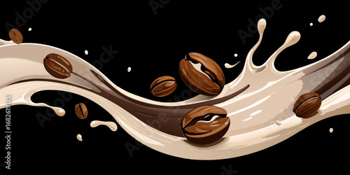 A dramatic close-up of roasted coffee beans swirling in mid-air with splashes of fresh milk, forming a dynamic vortex. The background is deep black, emphasizing the contrast between the dark coffee be