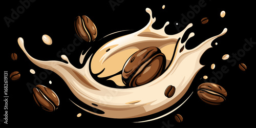 A dramatic close-up of roasted coffee beans swirling in mid-air with splashes of fresh milk, forming a dynamic vortex. The background is deep black, emphasizing the contrast between the dark coffee be