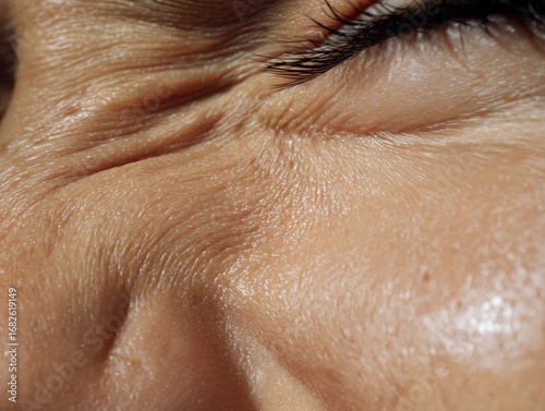 Macro shot of a person's eye and nose area with visible skin texture and wrinkles from squinting