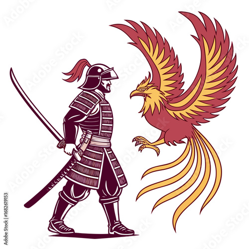 An armored samurai warrior wielding an ancestral sword faces the legendary phoenix in a mythical duel
