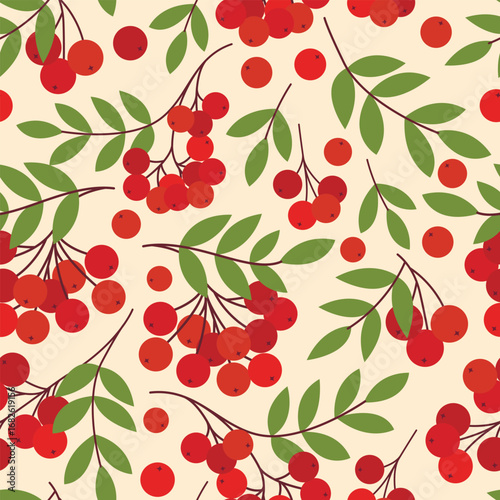 Autumn warm mood rowan background. Ripe fresh rowan berries with leaves seamless pattern.  Fall forest print, vector graphic