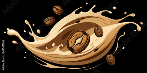 A dramatic close-up of roasted coffee beans swirling in mid-air with splashes of fresh milk, forming a dynamic vortex. The background is deep black, emphasizing the contrast between the dark coffee be