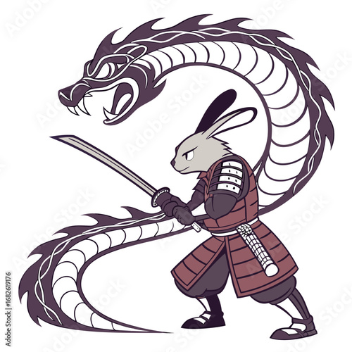 An anthropomorphic samurai rabbit warrior with a katana sword standing before a fierce traditional Japanese dragon, vector illustration