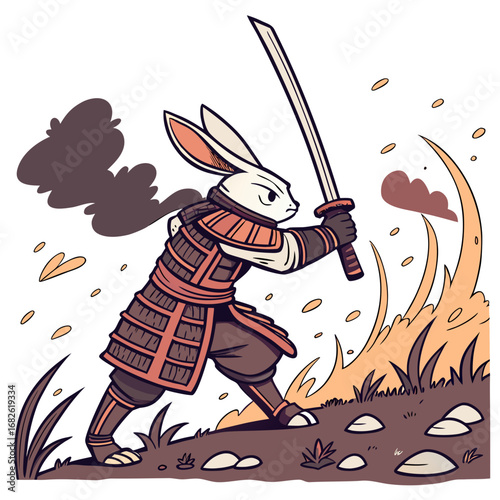 Dynamic illustration of a samurai rabbit warrior. This anthropomorphic character fiercely wields a katana sword, embodying courage and strength in a stylized action scene
