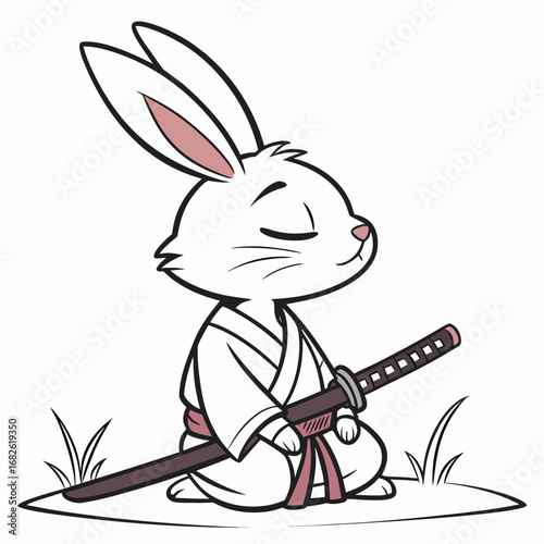A serene samurai rabbit in a traditional kimono meditates peacefully with a katana, a mythical vector warrior illustration