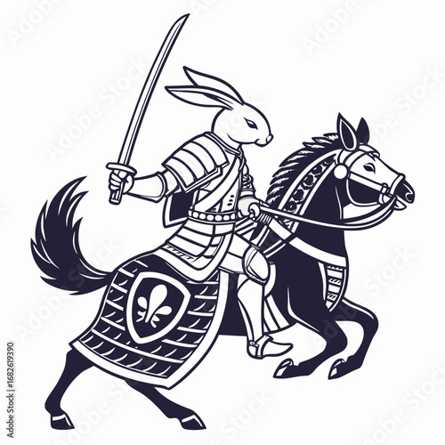 An anthropomorphic samurai rabbit knight in full armor, wielding a katana sword while riding a powerful armored warhorse, a mythic fantasy vector illustration