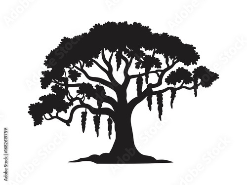 Spanish Moss on Live Oak Tree Silhouette - Southern Gothic Vector Illustration for Nature Designs