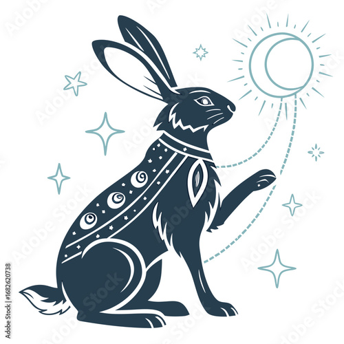 Mystical Night Hare with Crescent Moon and Stars - Enchanting Celestial Illustration