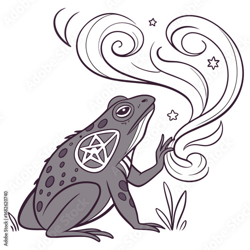 A sorcerer toad with a glowing pentagram symbol conjuring a shimmering, magical swirl of energy and stars, a whimsical fantasy illustration