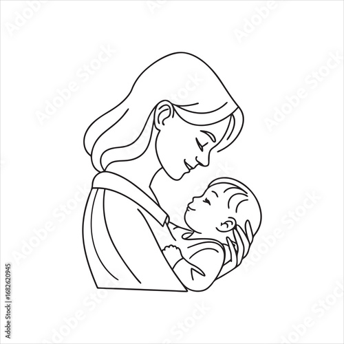 Mother holding baby line art – tender maternal love, parenting and family care outline vector design.