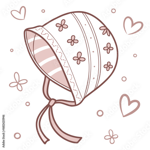 Adorable hand-drawn baby bonnet with a delicate bow and floral pattern. Cute vintage-style vector illustration isolated on a white background