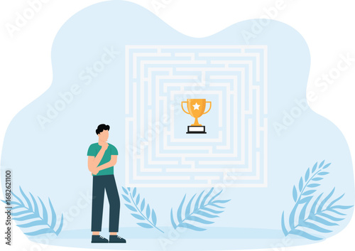 Businessman looking at maze with solution, Challenge ahead and simple strategy and solve business problems concept,
