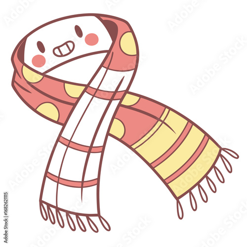 Adorable and cheerful pink scarf character with polka dots and stripes. A simple cartoon vector illustration isolated on a white background