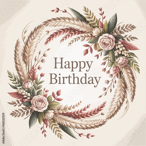 Happy Birthday message surrounded by a rustic floral and feather wreath greeting celebration