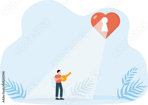Valentine's day and the key to love problems, Wedding couple and  teenage love and hearts sign and keyhole light concept,
