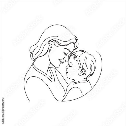 Mother with young child forehead touch – loving family care, motherhood and bond vector line artwork.