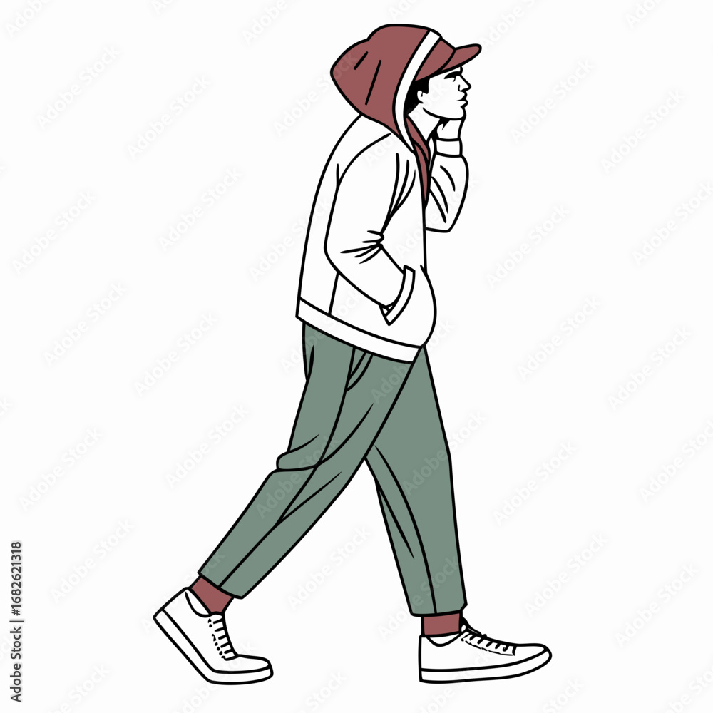 Fototapeta premium Simple line art illustration of a young man walking in a hoodie and casual relaxed-fit pants on an isolated white background