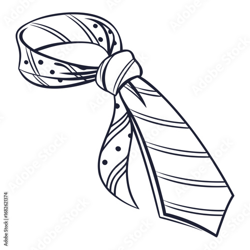 Monochrome vector illustration of a knotted necktie with striped and polka dot patterns, isolated on a white background