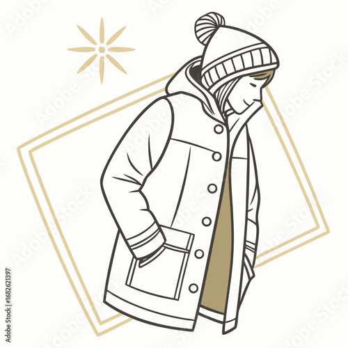 Simple line art illustration of a person wearing a warm hooded winter coat and a knit beanie hat. Minimalist vector design for cold weather concepts