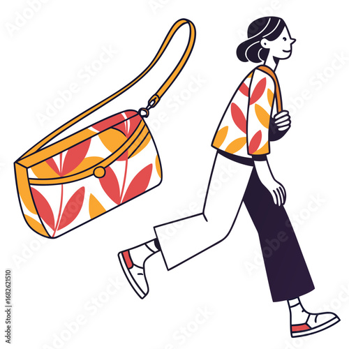 A simple and colorful vector illustration of a stylish woman walking briskly while carrying a large floral handbag